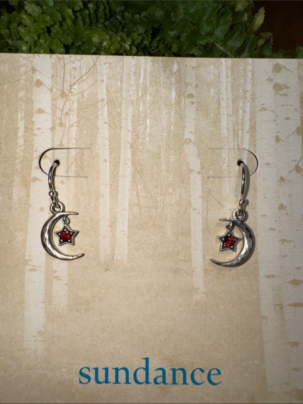 Sundance Silver Crescent Moon Earrings with Red Star Accent